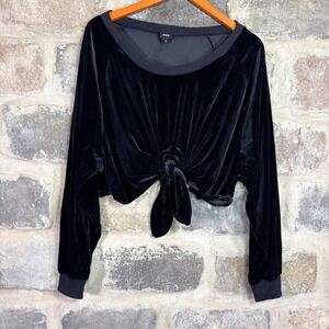 Nude Black Velvet Front Tie Cropped Sweatshirt Women's Medium Long Sleeve Gothic